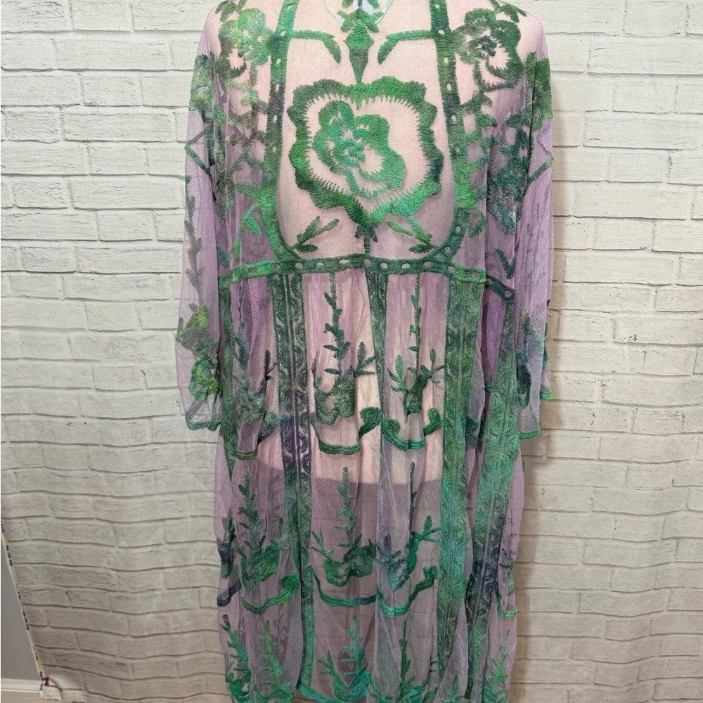 Sheer Lilac & Green Ice Dye Floral Kimono with Green Embroidery